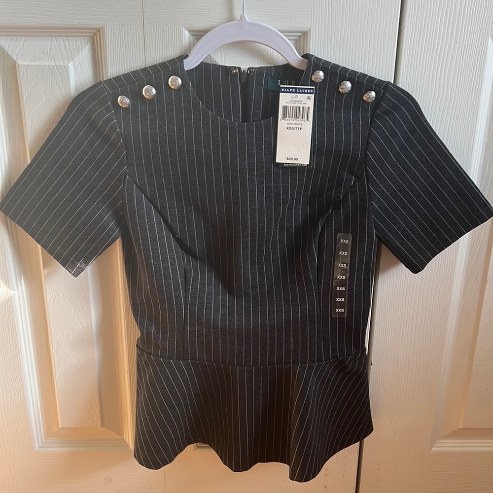 LAUREN (RALPH LAUREN) GREY PIN-STRIPED PEPLUM TOP - Picture 2 of 6